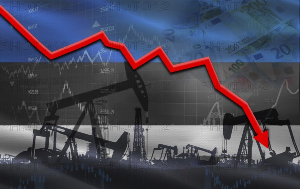 Petrol crisis with Estonia flag on financial graph. Fall oil price with flag of Estonia on economic chart