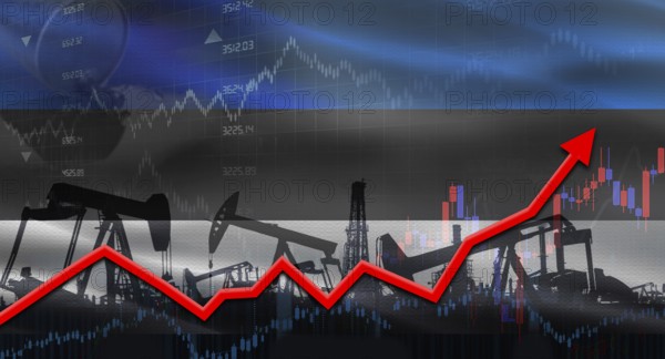 Oil pumps with Estonia flag. Oil production with Estonia flag, petrol industry