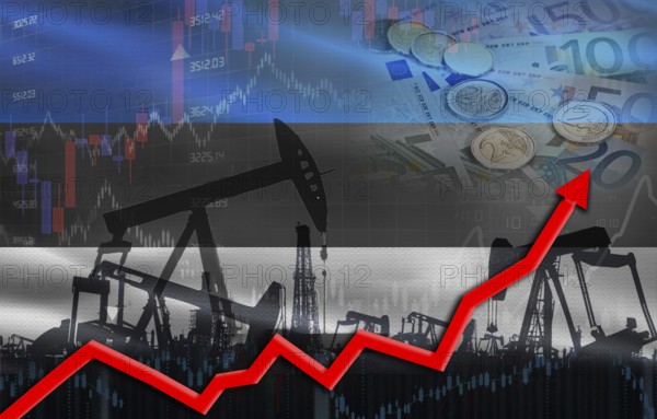 Oil production with Estonia flag, petrol industry. Oil pumps with Estonia flag