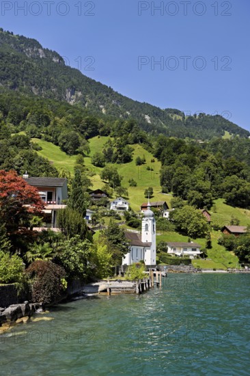 View of the village with the Roman Catholic Church of St Idda, Lake Lucerne in the background, Bauen, Canton, Uri, Switzerland
