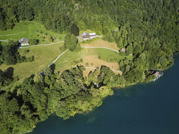 Rütli meadow, Grütli Museum and the Rütli House, Restaurant from above, Lake Lucerne, Rütli, Canton, Uri, Switzerland