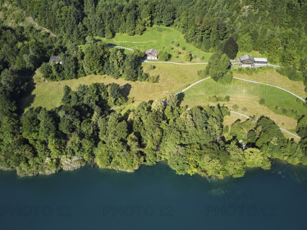 Rütli meadow, Grütli Museum and the Rütli House, Restaurant from above, Lake Lucerne, Rütli, Canton, Uri, Switzerland