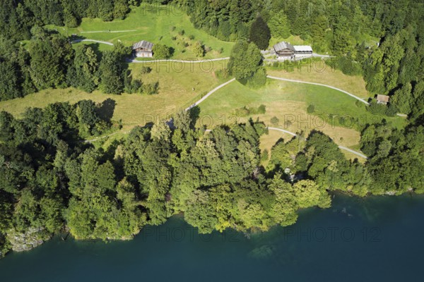 Rütli meadow, Grütli Museum and the Rütli House, Restaurant from above, Lake Lucerne, Rütli, Canton, Uri, Switzerland