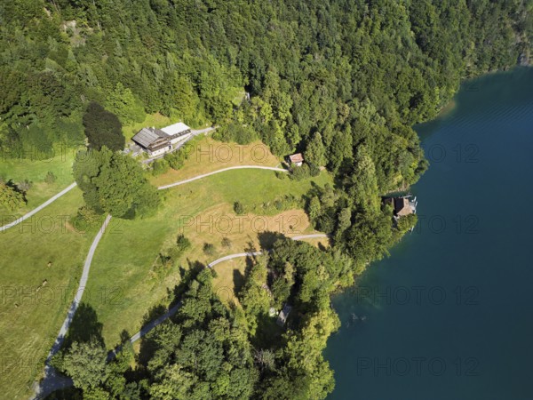 Rütli meadow, Grütli Museum and the Rütli House, Restaurant from above, Lake Lucerne, Rütli, Canton, Uri, Switzerland