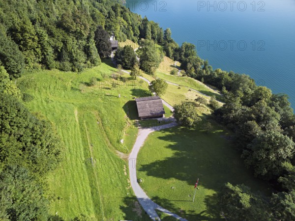 Rütli meadow, Grütli Museum and the Rütli House, Restaurant from above, Lake Lucerne, Rütli, Canton, Uri, Switzerland