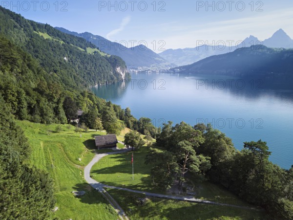 Rütli meadow, Grütli Museum and the Rütli House, fountains and the myths behind, Lake Lucerne, Rütli, Canton, Uri, Switzerland