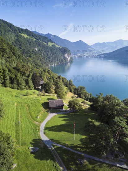 Rütli meadow, Musée Grütli and the Rütli House, behind Brunnen, Lake Lucerne, Rütli, Canton, Uri, Switzerland