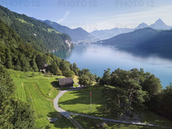 Rütli meadow, Grütli Museum and the Rütli House, fountains and the myths behind, Lake Lucerne, Rütli, Canton, Uri, Switzerland