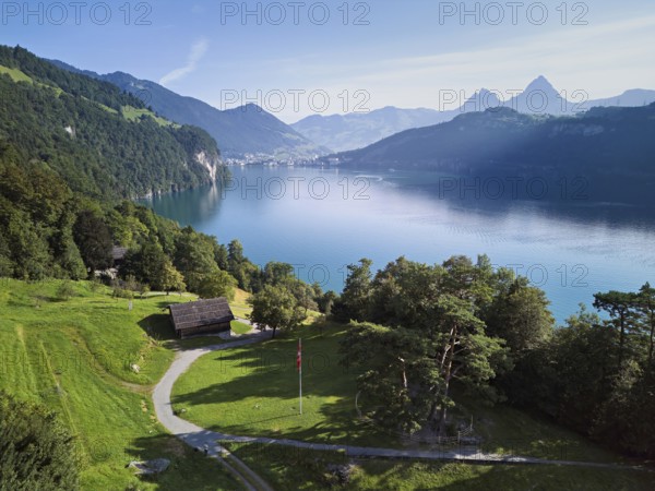 Rütli meadow, Grütli Museum and the Rütli House, fountains and the myths behind, Lake Lucerne, Rütli, Canton, Uri, Switzerland