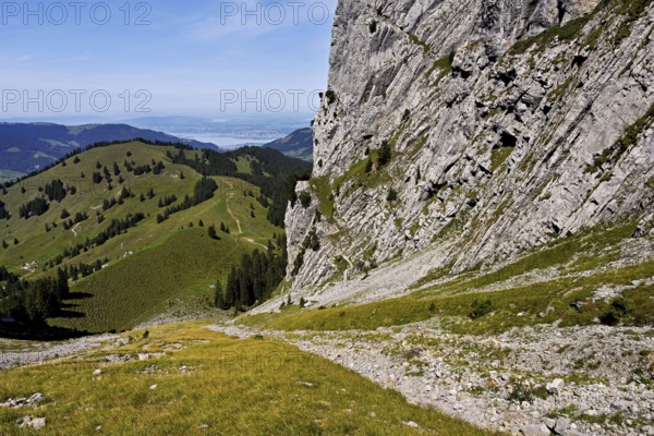 View from Bockmattli to the Mittelland, Lake Zurich in the background, Innerthal, Canton, Schwyz, Switzerland