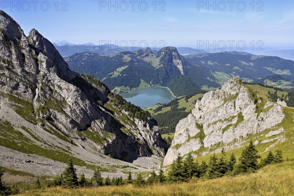 View from Bockmattli to the Wägitalersee, behind the small and large Aubrig, Innerthal, Canton, Schwyz, Switzerland