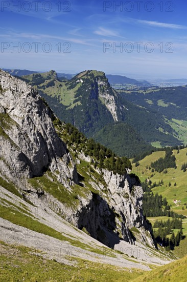 View from Bockmattli into the valley, behind the small and large Aubrig, Innerthal, Canton, Schwyz, Switzerland