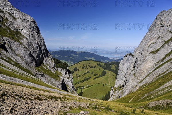 View from Bockmattli to the Mittelland, Lake Zurich in the background, Innerthal, Canton, Schwyz, Switzerland