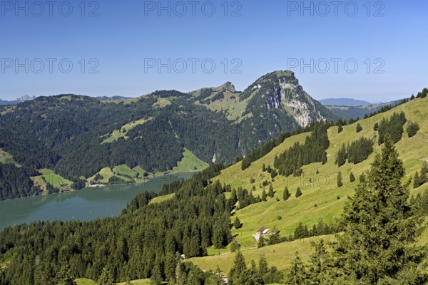 View from Bockmattli to the Wägitalersee, behind the small and large Aubrig, Innerthal, Canton, Schwyz, Switzerland