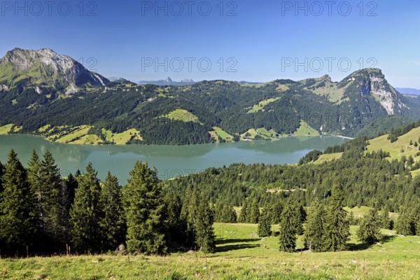 View from Bockmattli to the Wägitalersee, behind the small and large Aubrig, Innerthal, Canton, Schwyz, Switzerland