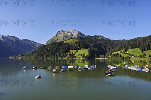 Motorboats moored at the reservoir, snow-covered Alps in the background, Wägitalersee, Canton, Schwyz, Switzerland