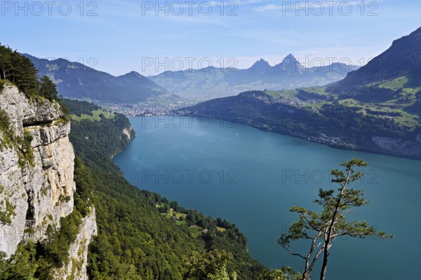 View from Seelisberg to Lake Lucerne, behind Brunnen and the small and large Mythen, Seelisberg, Canton, Uri, Switzerland