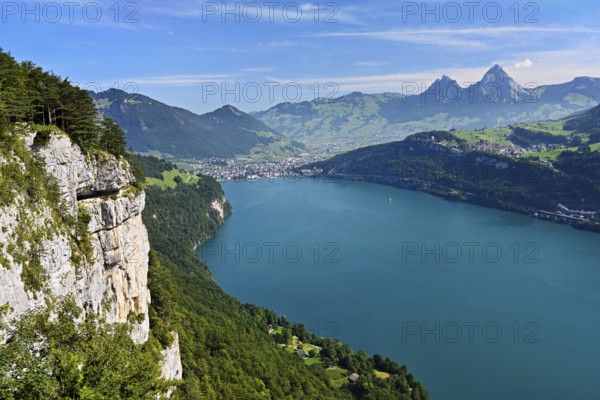 View from Seelisberg to Lake Lucerne, behind Brunnen and the small and large Mythen, Seelisberg, Canton, Uri, Switzerland