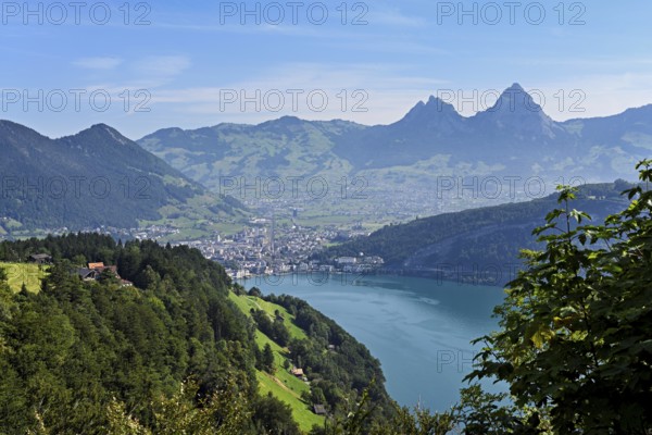 View from Seelisberg to Lake Lucerne, behind Brunnen and the small and large Mythen, Seelisberg, Canton, Uri, Switzerland