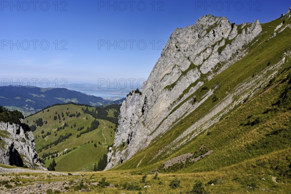 View from Bockmattli to the Mittelland, Lake Zurich in the background, Innerthal, Canton, Schwyz, Switzerland