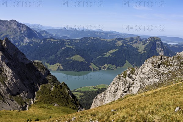 View from Bockmattli to the Wägitalersee, behind the small and large Aubrig, Innerthal, Canton, Schwyz, Switzerland