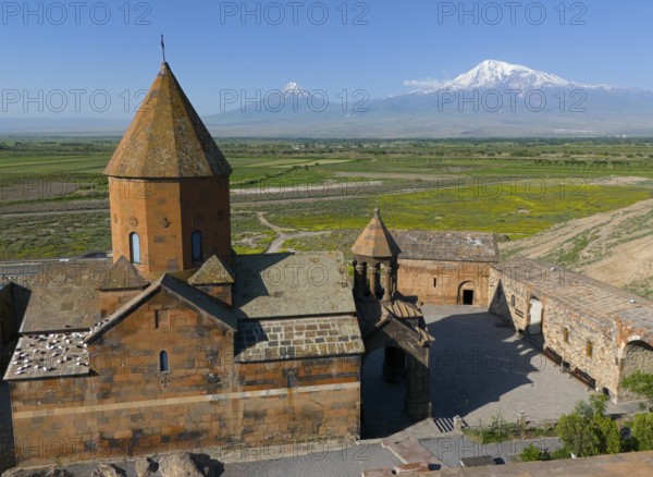 Detailed view of a monastery with inner courtyard and Mount Ararat in the background, aerial view, Chor Wirap monastery, Chor Virap, deep dungeon, Mount Ararat and Little Ararat in the background, located in Turkey, Ararat province, Armenia