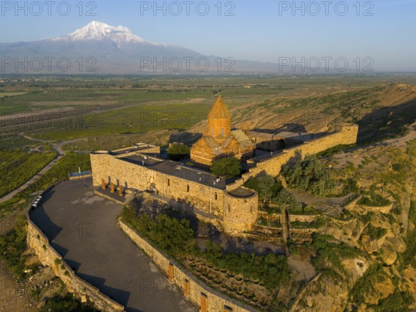 View of a historic monastery with Mount Ararat in the background, aerial view, Chor Wirap monastery, Chor Virap, deep dungeon, Mount Ararat in the background, located in Turkey, Ararat province, Armenia