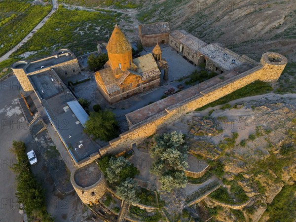 Aerial view of a historic monastery, aerial view, Chor Wirap monastery, Chor Virap, deep dungeon, Ararat province, Armenia