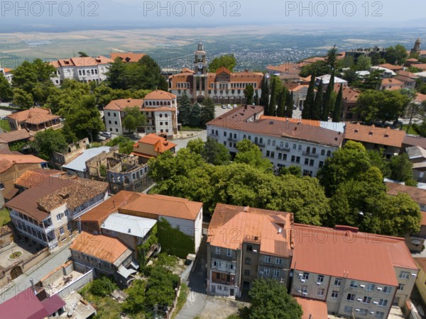 Panorama over a hilly town with many trees and traditional roofs, aerial view, Sighnaghi, Signagi, Kakheti Province, Greater Caucasus, Georgia, Near East