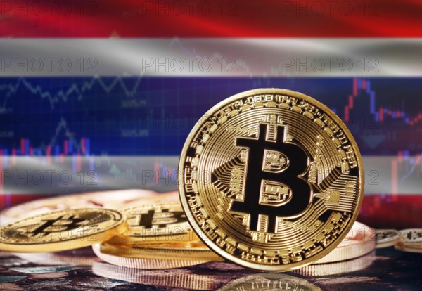 Bitcoin with Thailand flag in the background. Investors in cryptocurrency and Blockchain Technology in Thailand, Concept