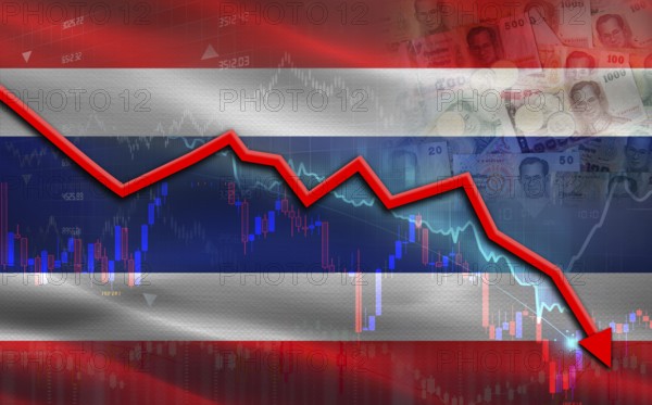 Thailand financial fall on economy market. Thailand financial crisis on economic graph