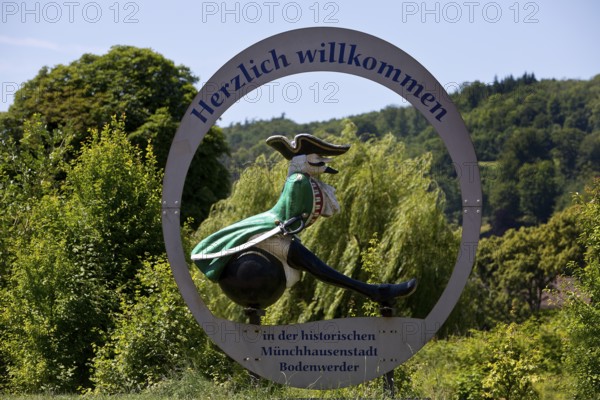 The ride on Münchhausen's cannonball, welcome to the Münchhausen town of Bodenwerder, Weserbergland, Lower Saxony, Germany