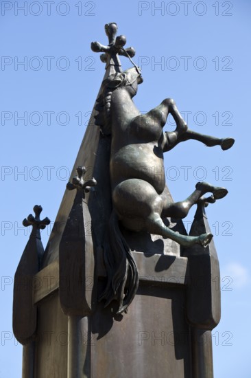 The horse on the church tower, depicted on the Münchhausen fountain by Bonifatius Stirnberg in Bodenwerder, Weserbergland, Lower Saxony, Germany