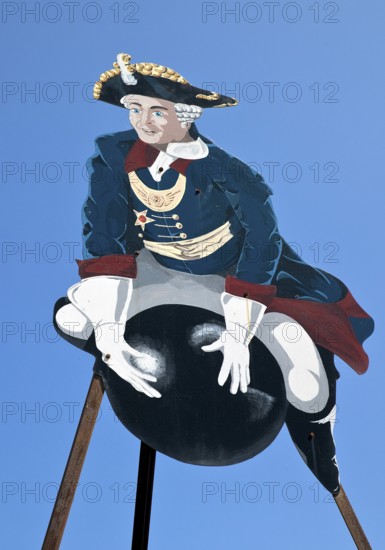 The ride on Münchhausen's cannonball, depicted in the Münchhausen town of Bodenwerder, Weserbergland, Lower Saxony, Germany