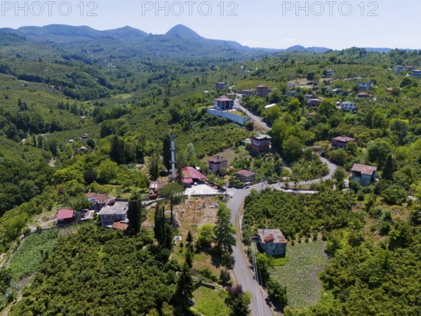 View of a village in the middle of a green hilly landscape with scattered houses, aerial view, view of Güzelkale, Ünye, Ordu province, Turkey