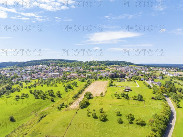 Wide green landscape with a village in the background, fields and trees under a clear, sunny sky, district of Freudenstadt