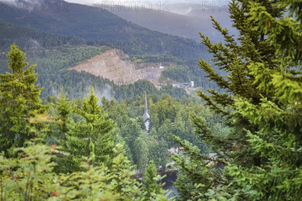 Panorama with a view of forests and mountains offering an impressive wide landscape, Mummelsee, Seebach, Ortenau district, Black Forest, Germany
