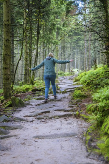 A hiker walks up a stony path surrounded by a green forest, Mummelsee, Seebach, Ortenau district, Black Forest, Germany
