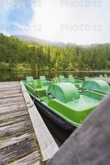 Green pedal boats on a jetty, with a forest and lake in the background, Mummelsee, Seebach, Ortenau district, Black Forest, Germany