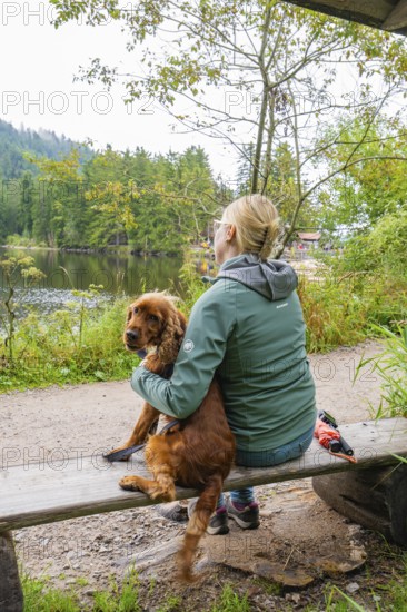 Woman sitting with her dog on a bench by the lake in nature, Mummelsee, Seebach, Ortenau district, Black Forest, Germany