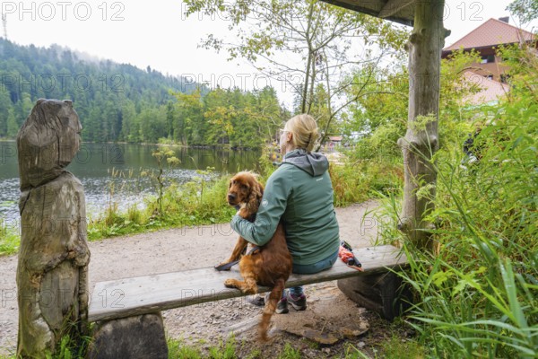 Woman sitting with dog on a bench by the lake in the forest and enjoying the tranquillity of nature, Mummelsee, Seebach, Ortenau District, Black Forest, Germany