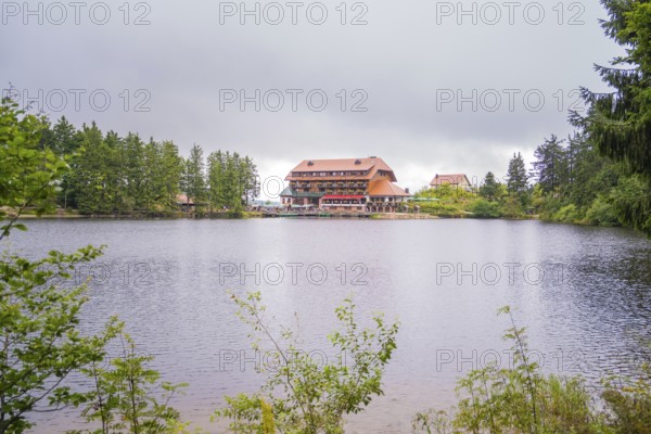 A hotel on the shore of a lake, surrounded by forest and overcast skies, Mummelsee, Seebach, Ortenau district, Black Forest, Germany