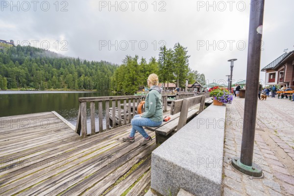 Woman on a bench next to a lake and flowers on a wooden footbridge, Mummelsee, Seebach, Ortenau District, Black Forest, Germany