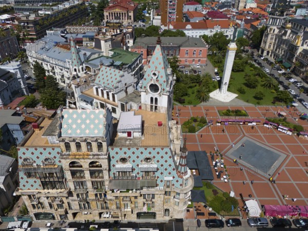 Detailed architecture with central square and green park, mountains in the background, aerial view, Europe Square, Batumi, Black Sea, Adjara region, Adjara, autonomous republic, Georgia