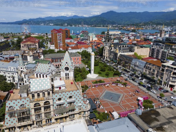 Historic architecture with large square, surrounded by mountains near the coast, aerial view, Europe Square, Batumi, Black Sea, Adjara region, Adjara, Autonomous Republic, Georgia