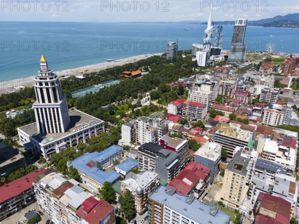 City centre with prominent tower and skyscrapers, sea and beach in the background, aerial view, Batumi, Black Sea, Adjara region, Adjara, autonomous republic, Georgia