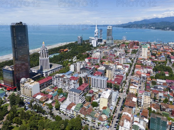 City view with skyscrapers and sea in the background, blue sky and lively atmosphere, aerial view, Batumi, Black Sea, Adjara region, Adjara, autonomous republic, Georgia