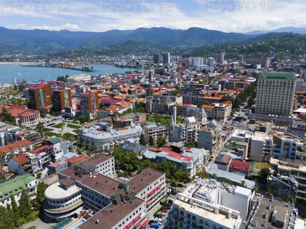 Urban environment with densely built-up areas and mountain backdrop, aerial view, Batumi, Black Sea, Adjara region, Adjara, autonomous republic, Georgia