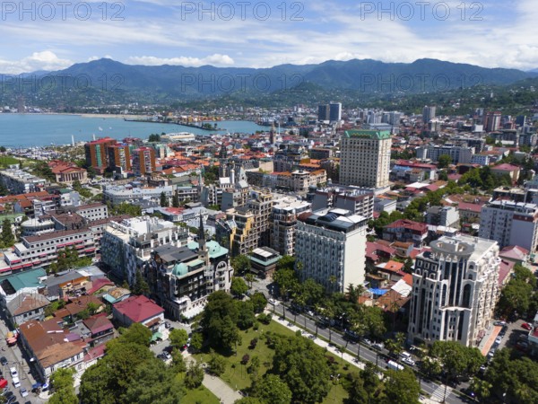 Panoramic view of a city with mountains and sea in the background, aerial view, Batumi, Black Sea, Adjara region, Adjara, autonomous republic, Georgia