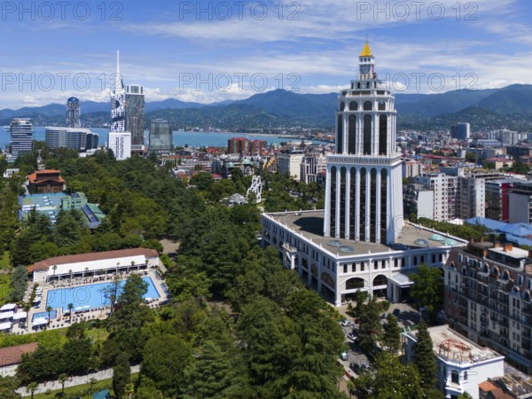Cityscape with skyscrapers, park and sea near mountains, aerial view, on the right Hotel Sheraton, Batumi, Black Sea, Adjara region, Adjara, autonomous republic, Georgia